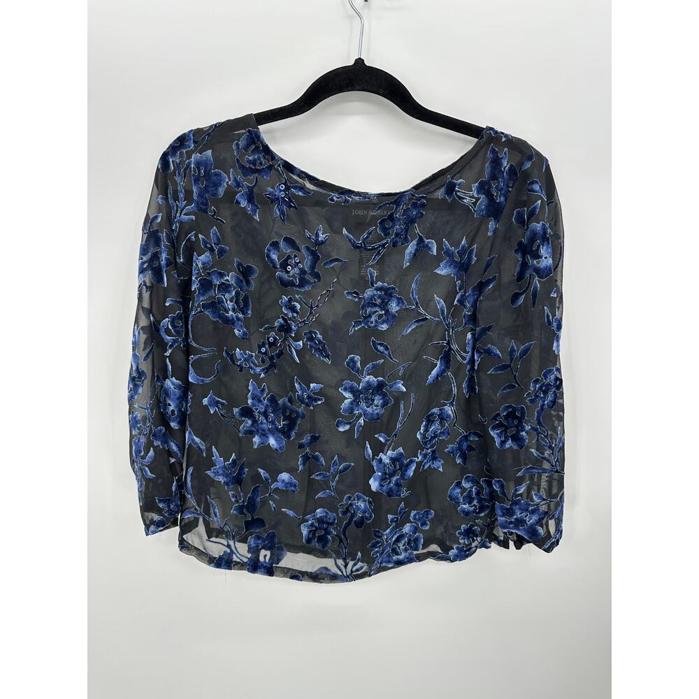 John Roberts Blue Floral Burnout Sheer Blouse Beaded Top Womens‎ Sz 12 Wedding